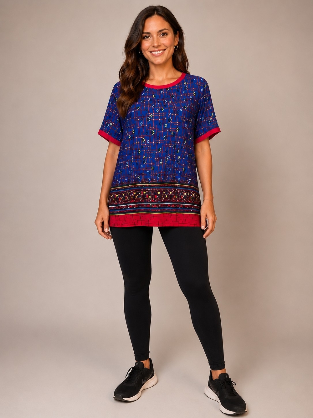 Anne Klein Blue Printed Short Sleeve Top with Red Trim